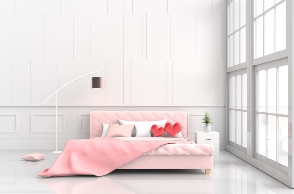 Bedroom with pink bed and red heart-shaped pillows
