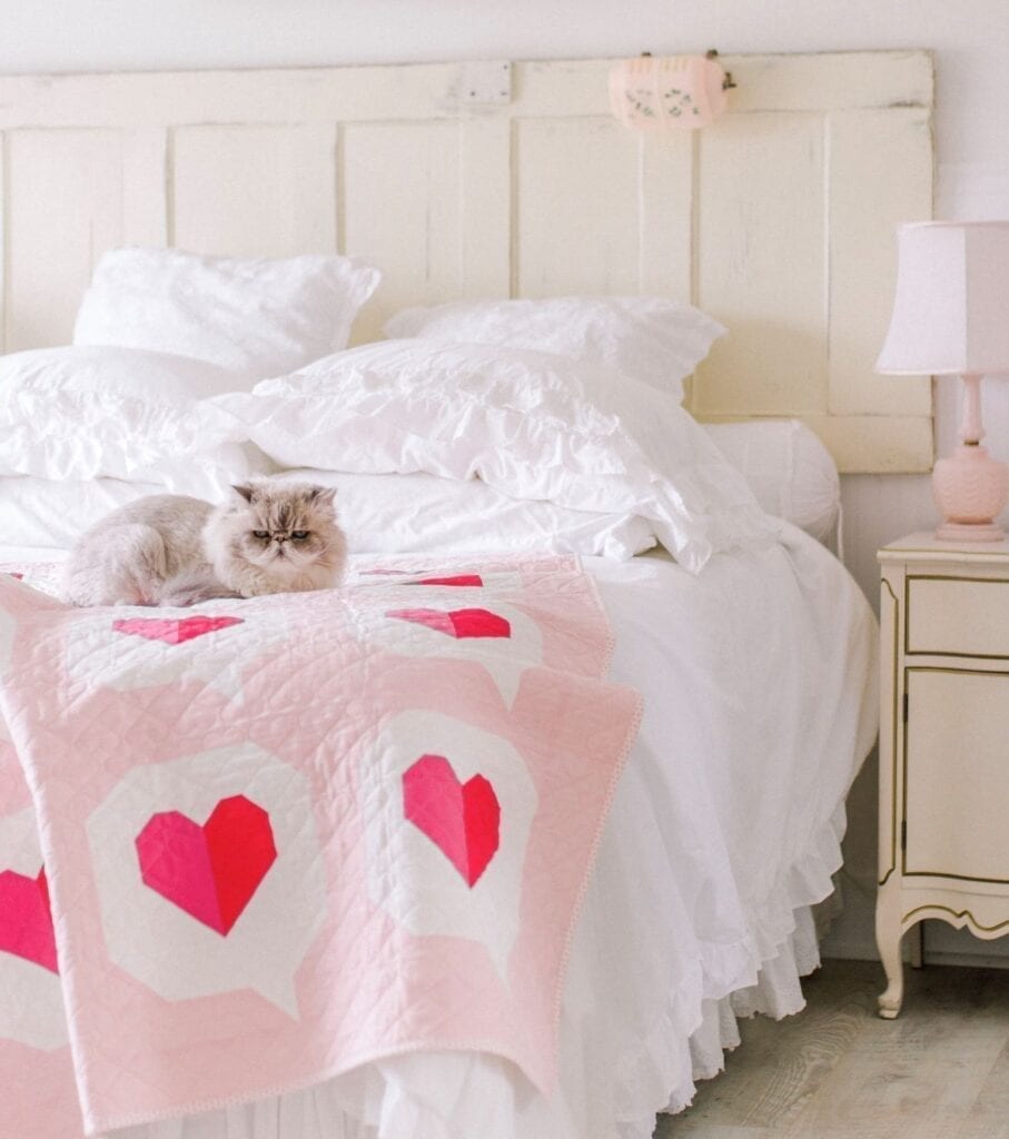 Cat sitting on heart-patterned quilt
