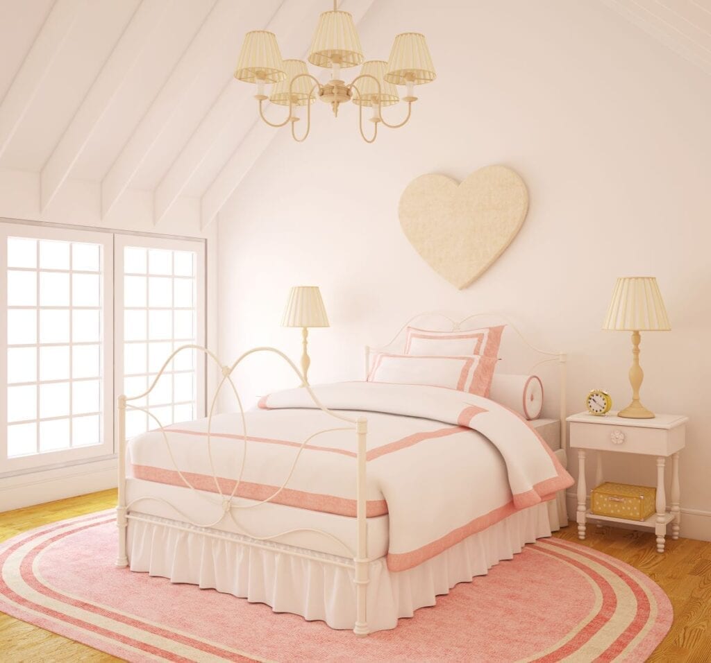 Pink girls bedroom with heart shaped decor