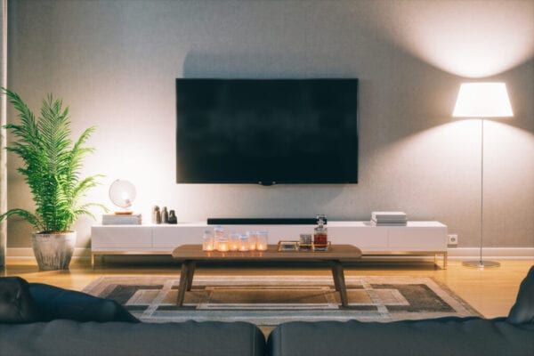 Scandinavian Style Modern Living Room With Television At Night