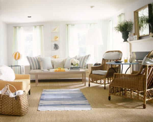 Spacious living room with orange and blue accents