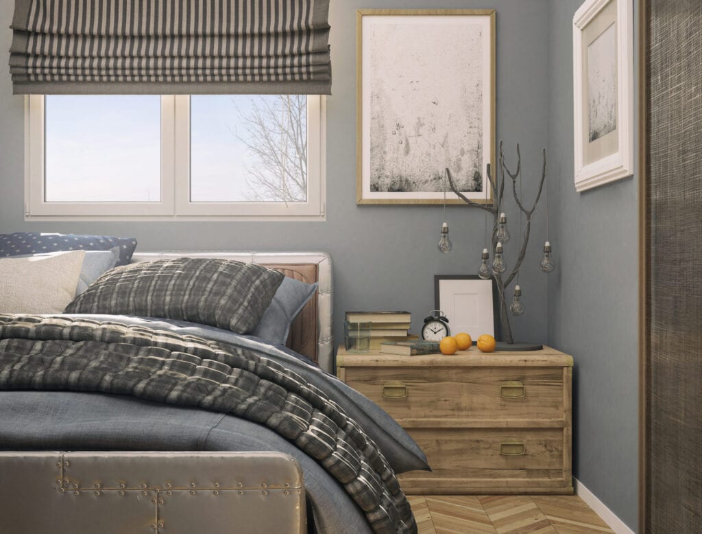 Picture of a cozy tiny bedroom. Render image.