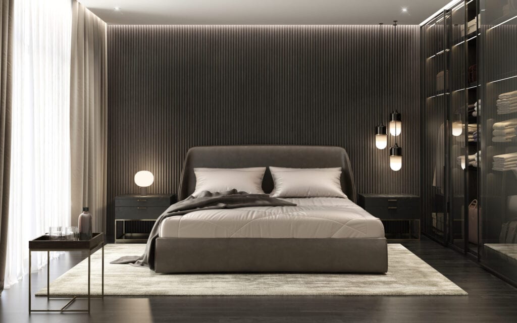 3d rendering of a dark contemporary luxury mens style bedroom with glass door wardrobe and leather bed