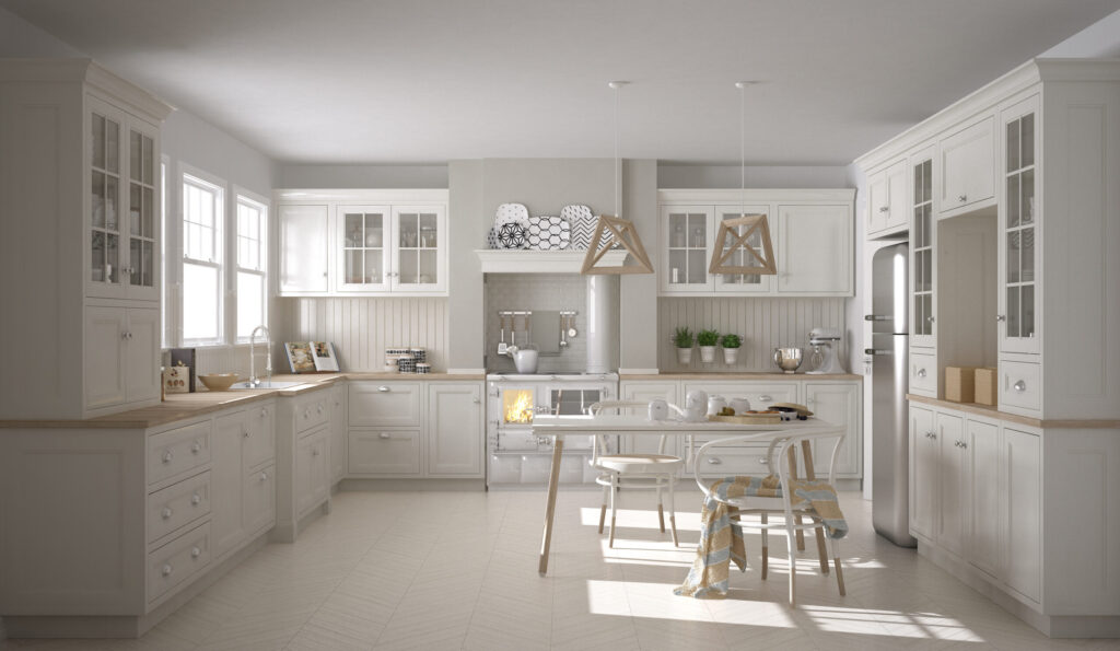 Scandinavian classic white kitchen with wooden details, minimalistic interior design