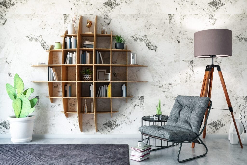 Creative Bookshelf Design with Armchair. 3D Rener