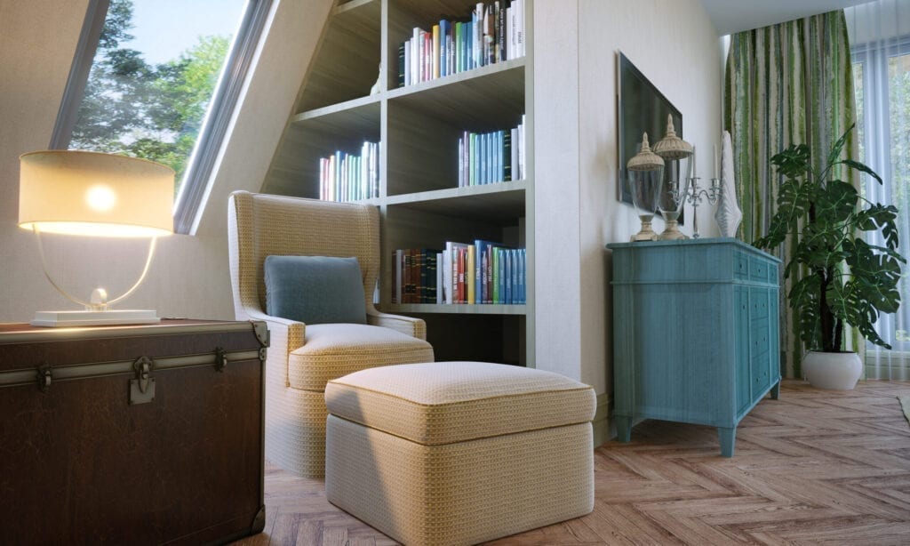 A reading area in attic bedroom, includes a chair, a bookcase and books. ( 3d render )