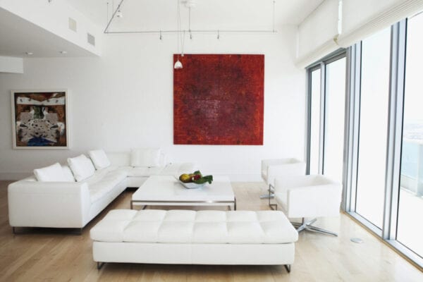 Sofas, coffee table and wall art in modern living room