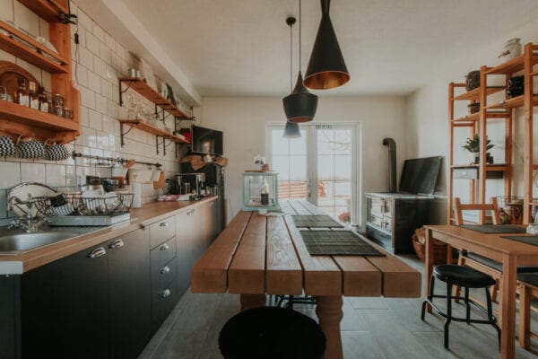 Creative dining room and kitchen in a small house.