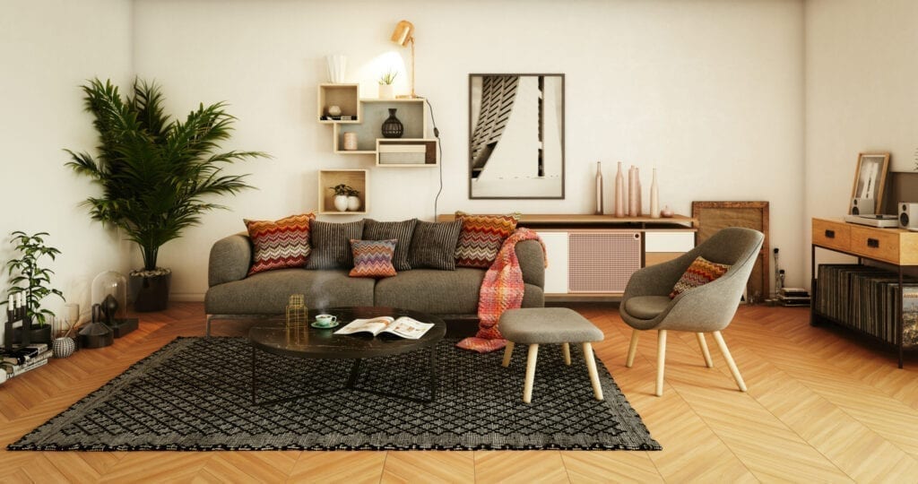 Digitally generated warm and cozy affordable Scandinavian style home interior (living room) design.  The scene was rendered with photorealistic shaders and lighting in Autodesk® 3ds Max 2016 with V-Ray 3.6 with some post-production added.