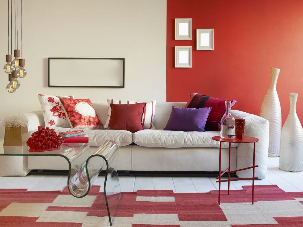 White and red patterned floor in living room