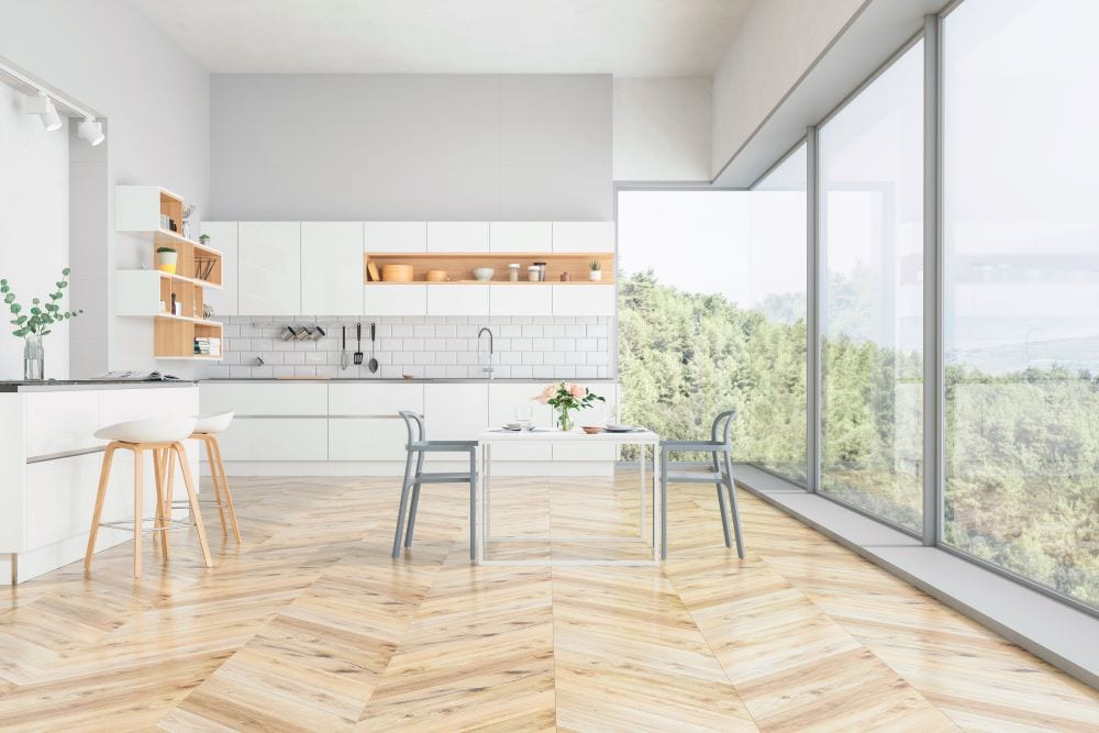 Patterned wood floor in modern minimalist living room