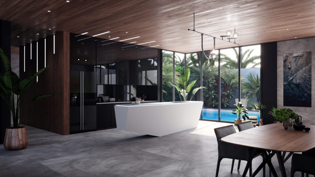 Modern kitchen with geometric white island and wood ceilings and walls