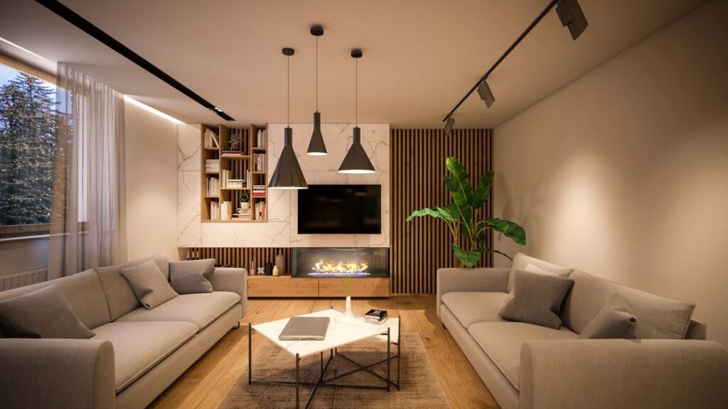 Modern living room with accent wall made of wood
