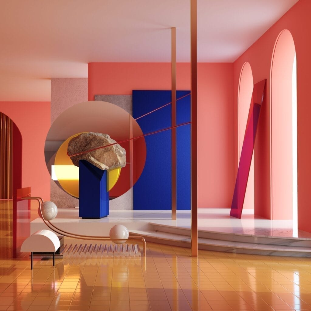 Conceptual pink interior. Interaction between natural materials, forms and modern interior space