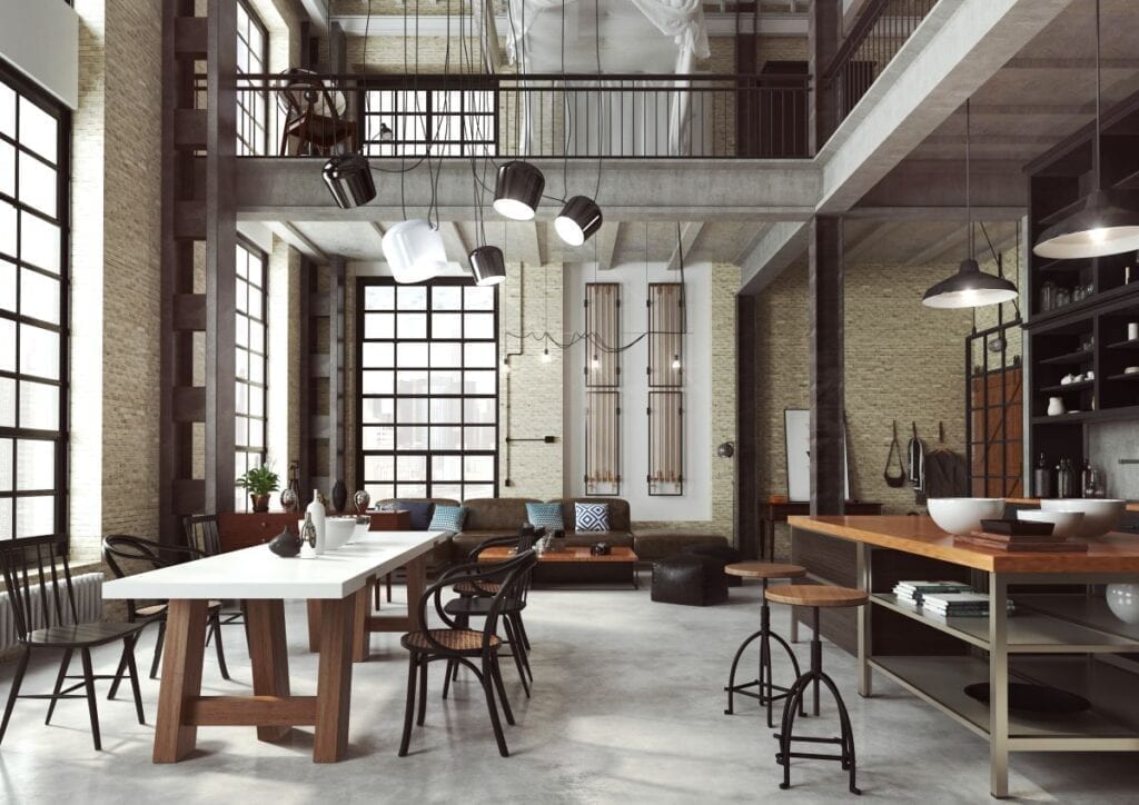 Industrial style loft, view from kitchen and dining room