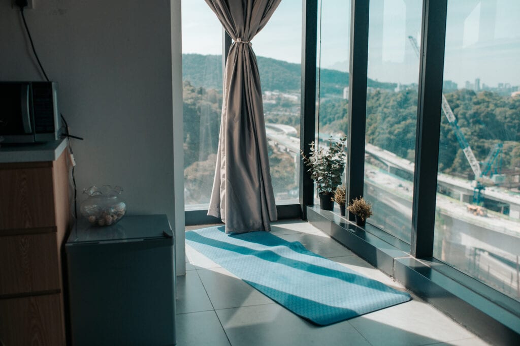 corner window with yoga mat