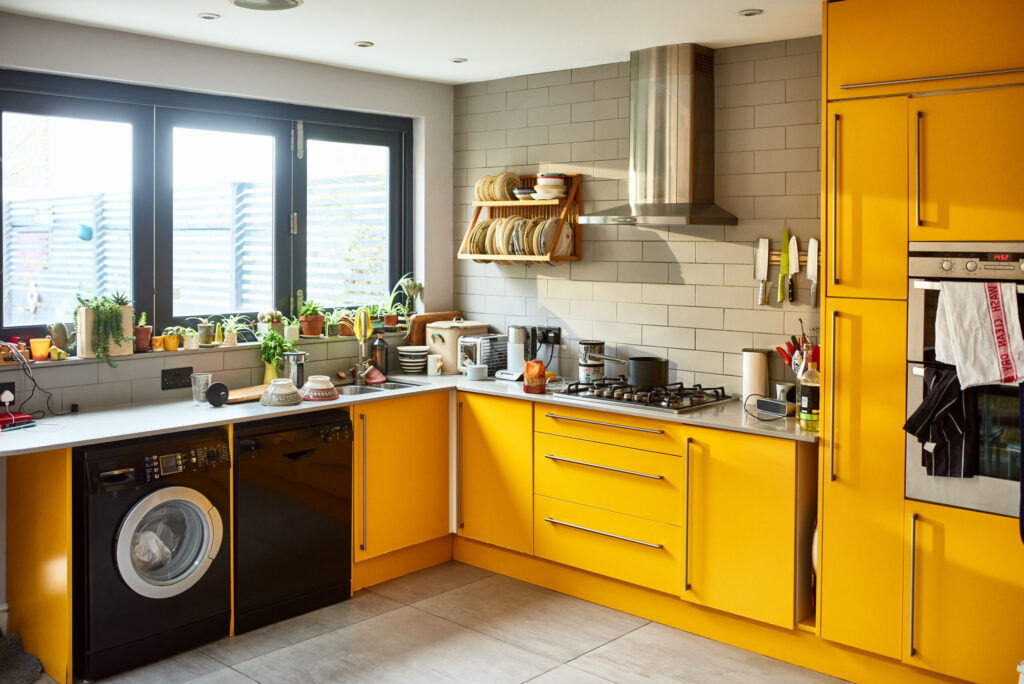 Designed domestic kitchen, yellow doors, retro interior, domestic, home, practical