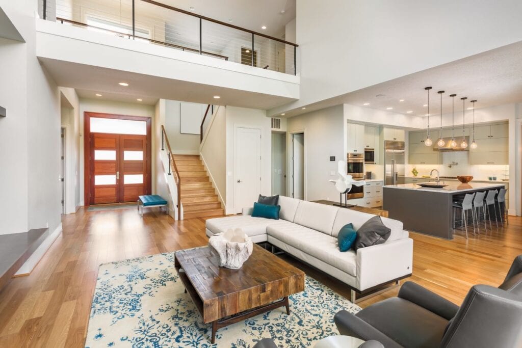 Luxury living room with bamboo or hardwood floors