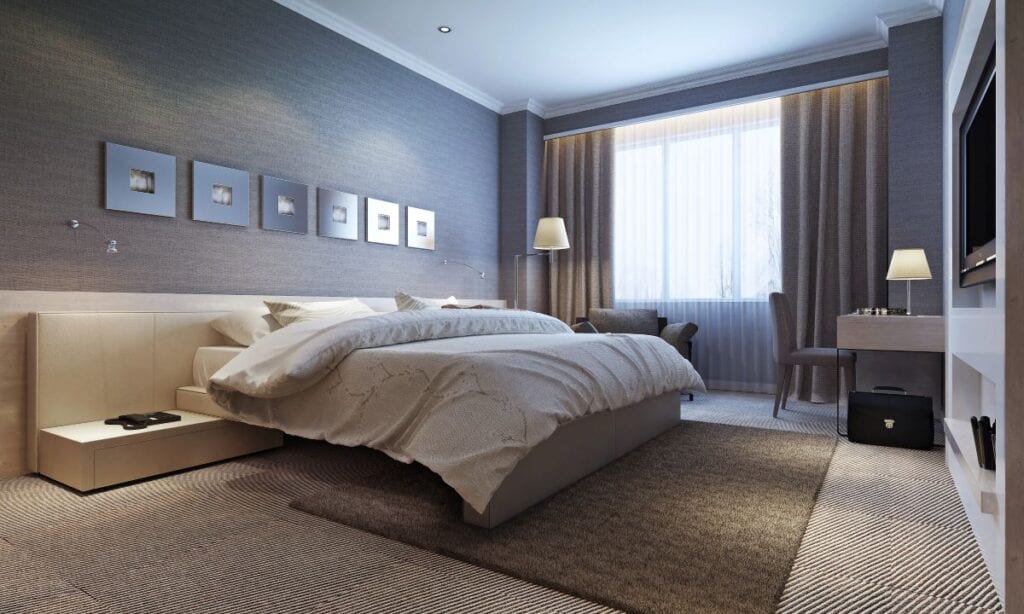 Modern bedroom with brown carpet