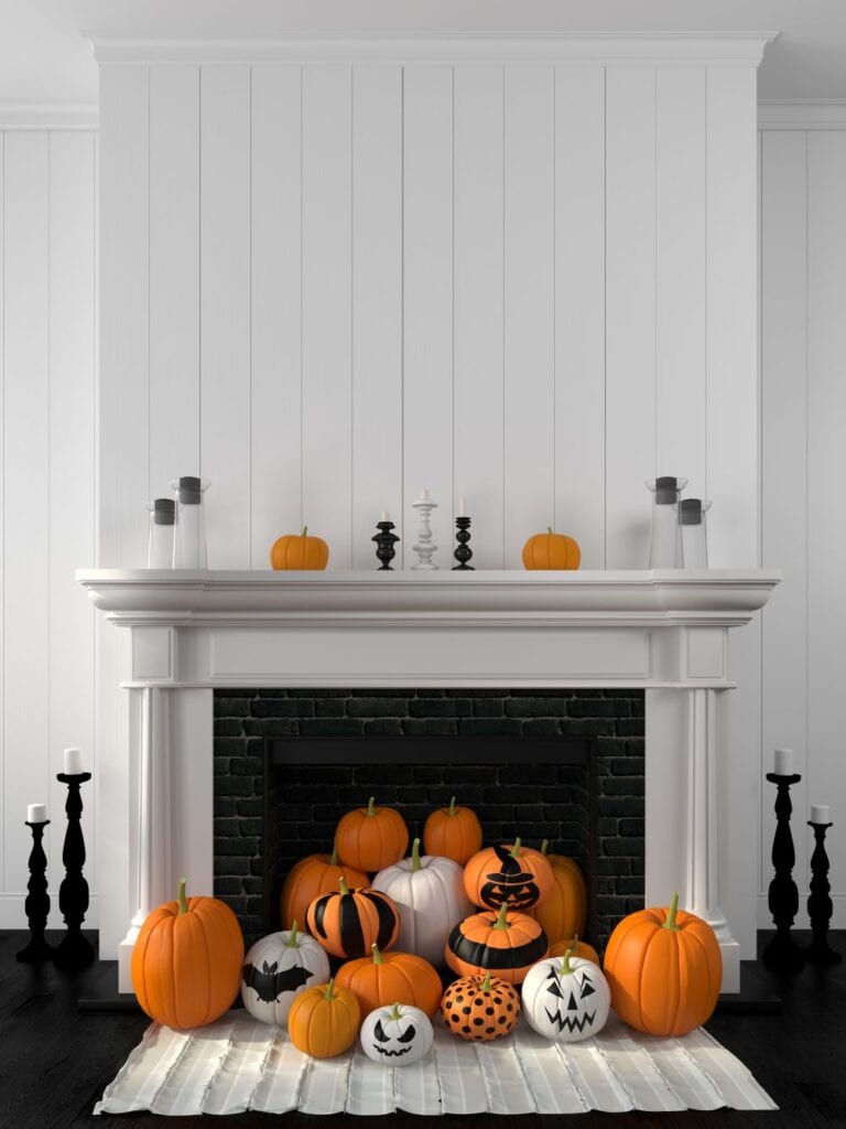 Pumpkins inside fireplace, halloween decorations