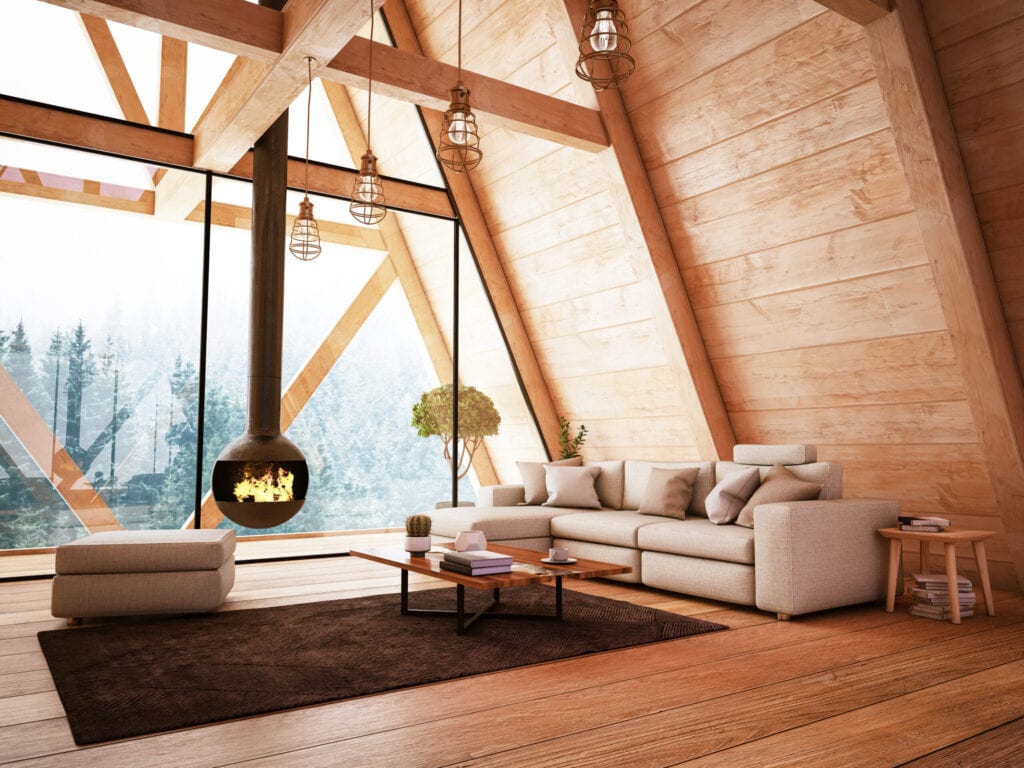 Houten interieur met meubilair en open haard. 3D Render