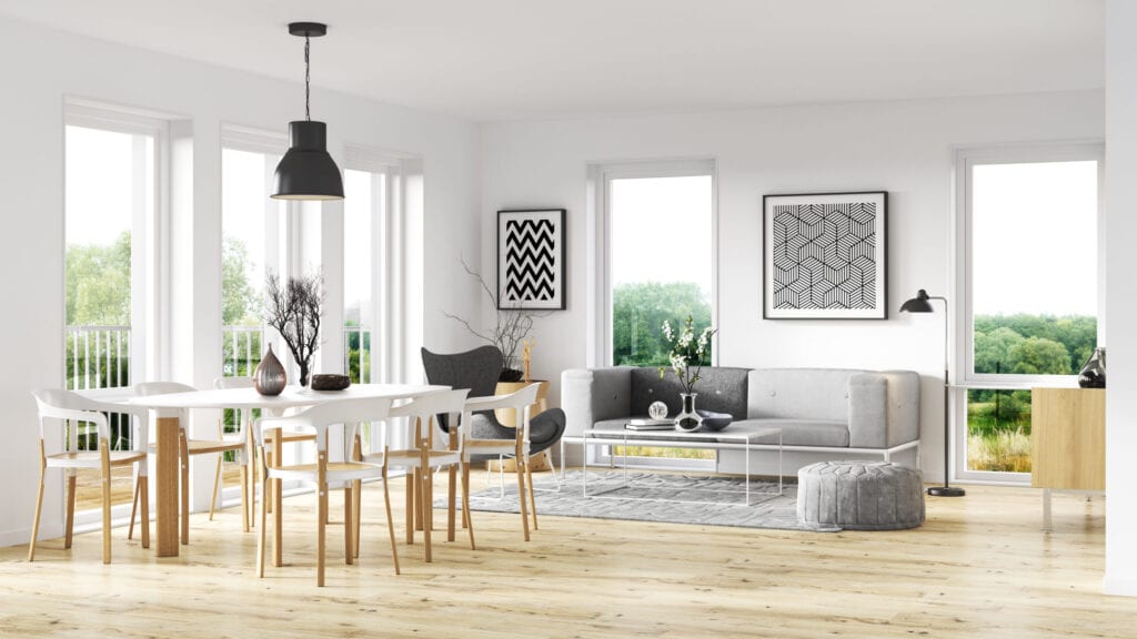 Stile di interni scandinavo. Render image.