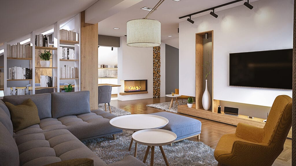 Render of a modern living room, digitally generated.