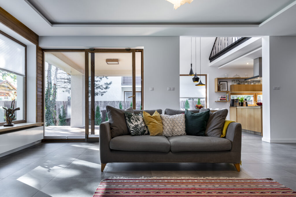 Modern interior design - living room with gray tile flooring