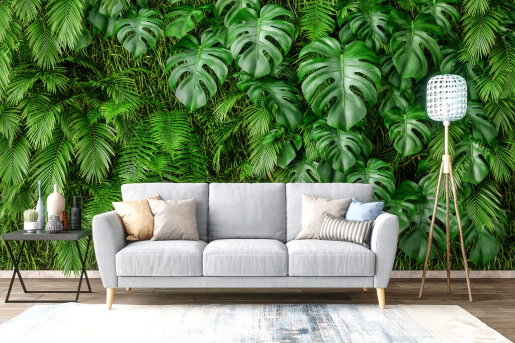 Sofa with Plants on Wall Background.