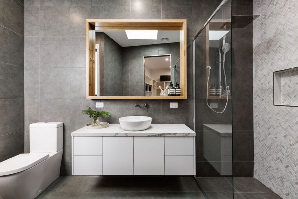 Minimalist gray and white bathroom