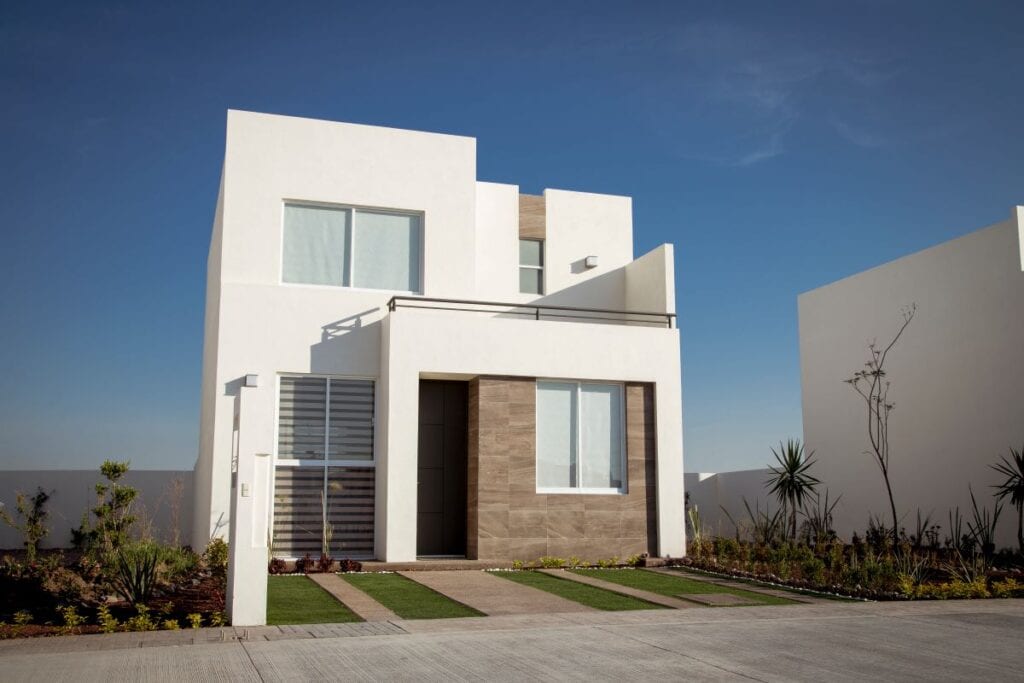 Exterior of minimalist style house, mixed materials