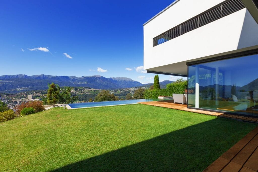 Exterior of minimalist villa with beautiful view of the mountains