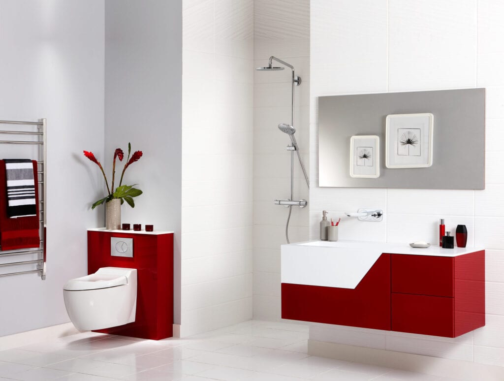 red and white bathroom 