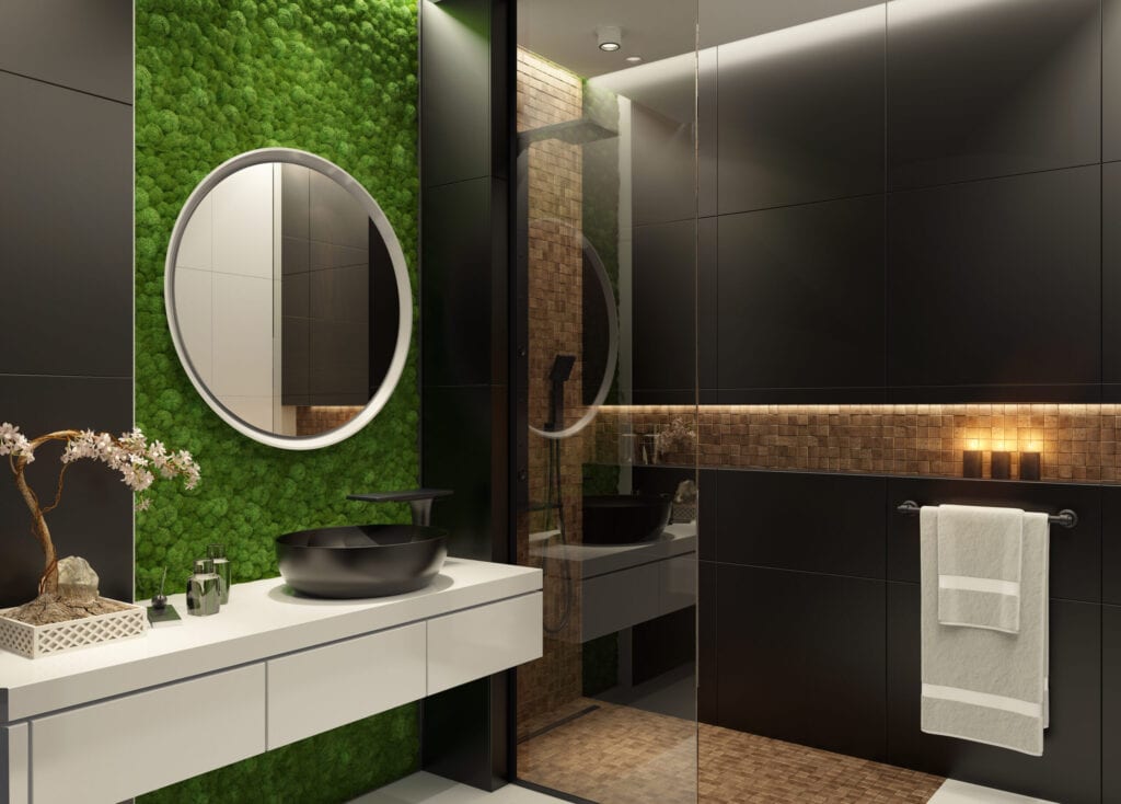 Luxurious bathroom with natural stone tiles and elegant round mirror. Candle lens flare effect. Green moss wall.