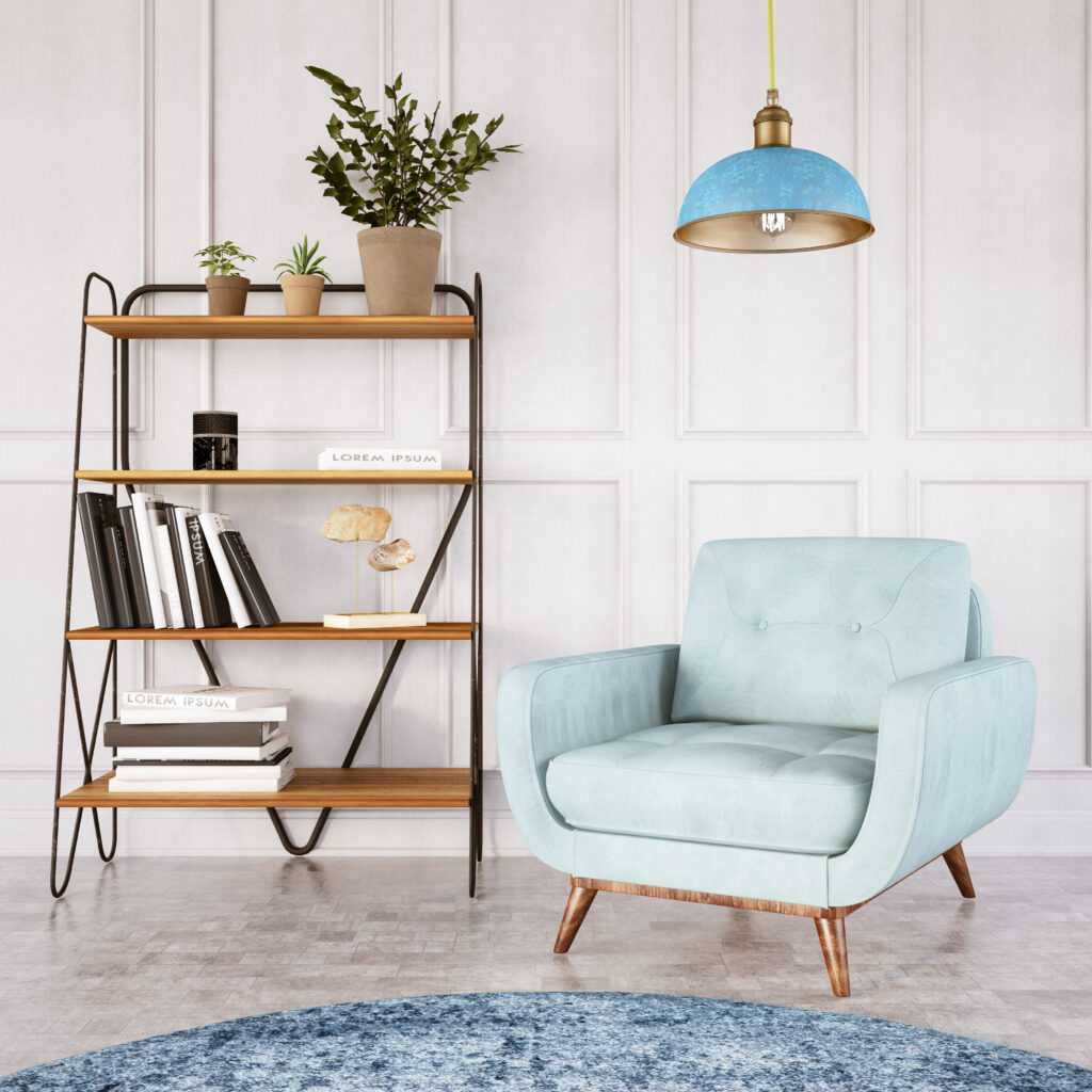 Interior with armchair, coffee table and black wall