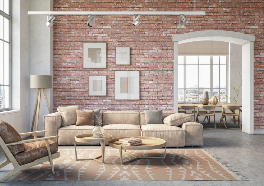 Bohemian living room interior 3d render with  beige colored furniture and wooden elements and brick wall