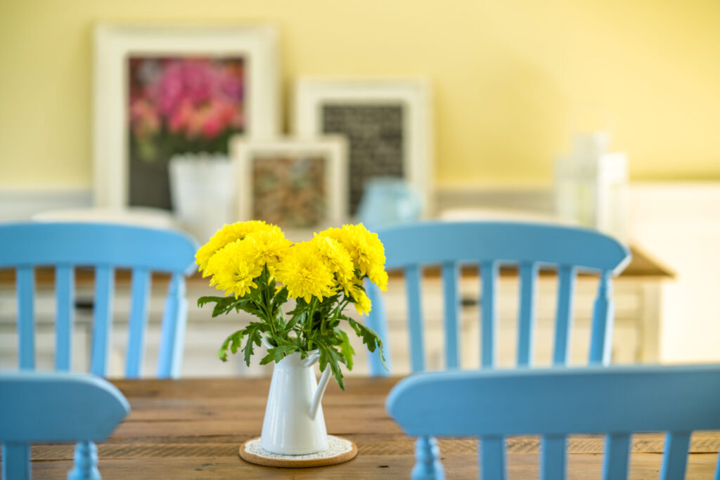 Floral bouquet arrangement set in a country house