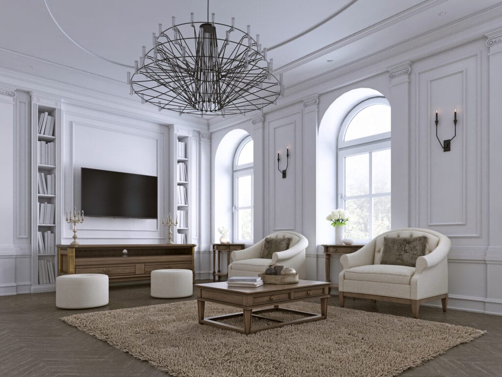 Classic living room, paneling and ceiling moldings over a herringbone hardwood floor furnished with white upholstered sofas and ottoman. 3d rendering 