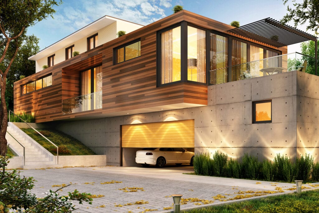 Beautiful modern house with a large garage for cars