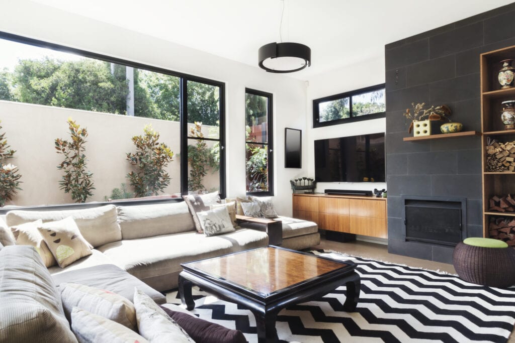 living room with chevron rug 