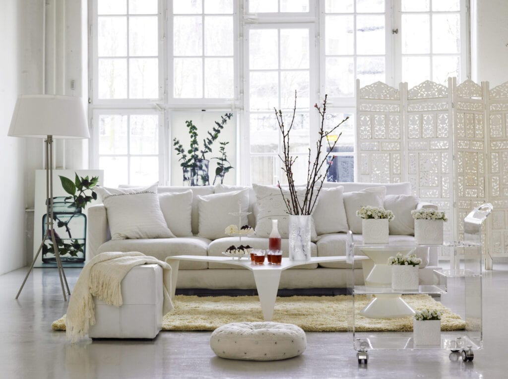 all white Scandinavian living room 