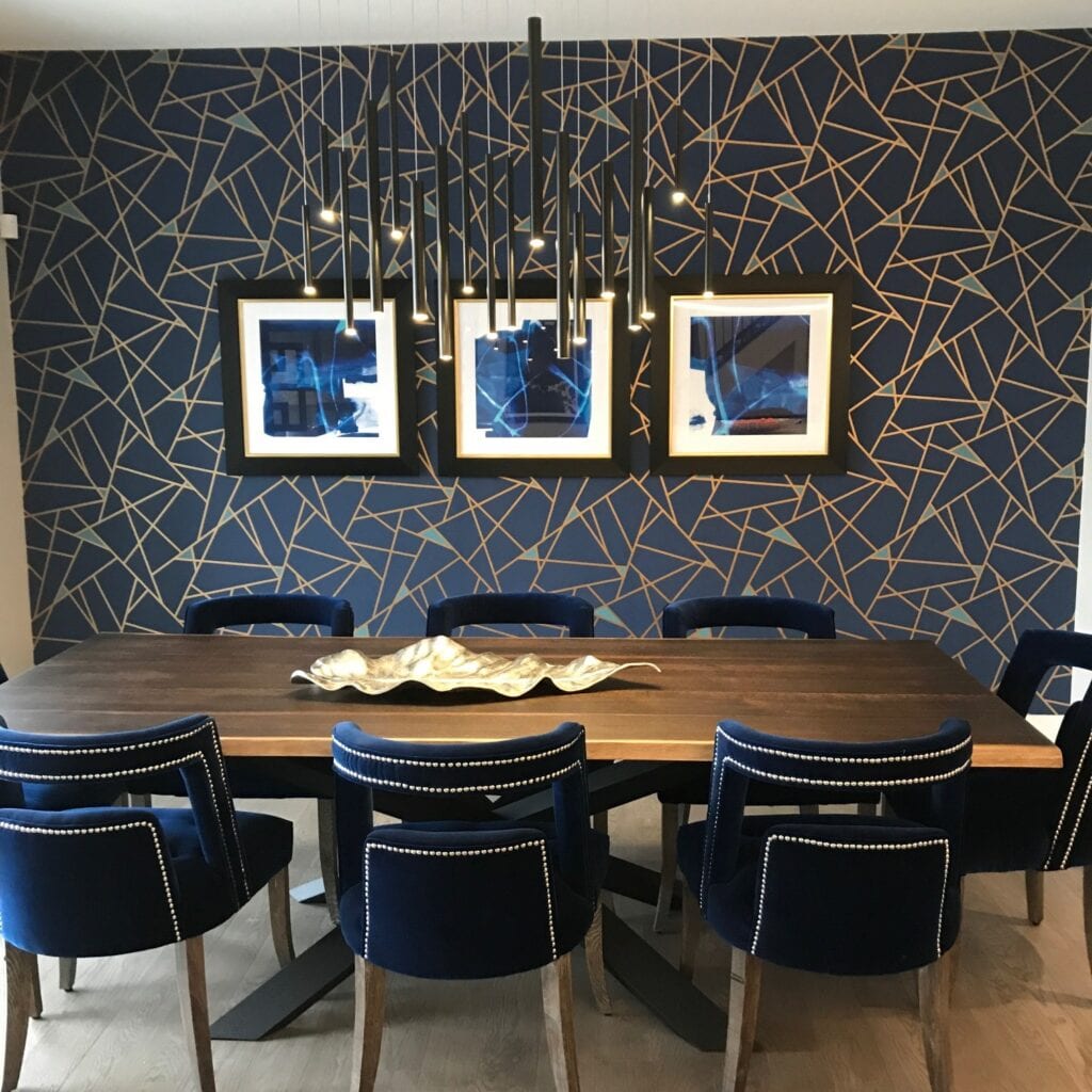 graphic wallpaper in dining room