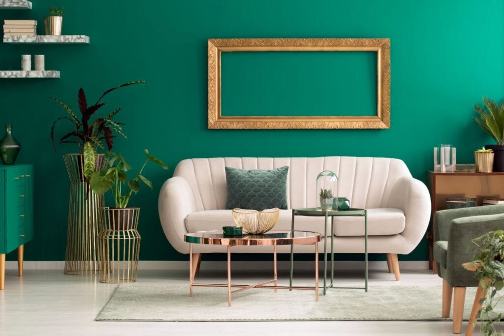 Emerald green living room with eclectic accents