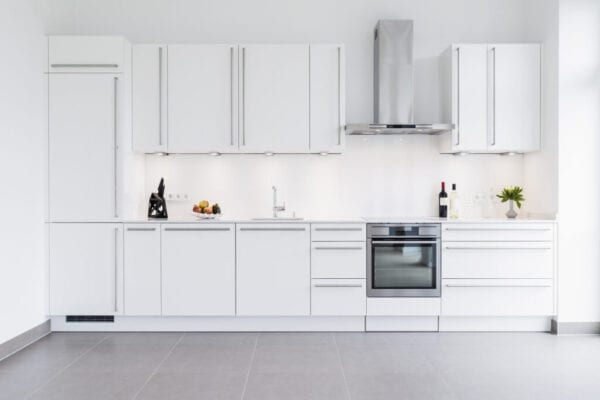 Modern kitchen design with white cabinets