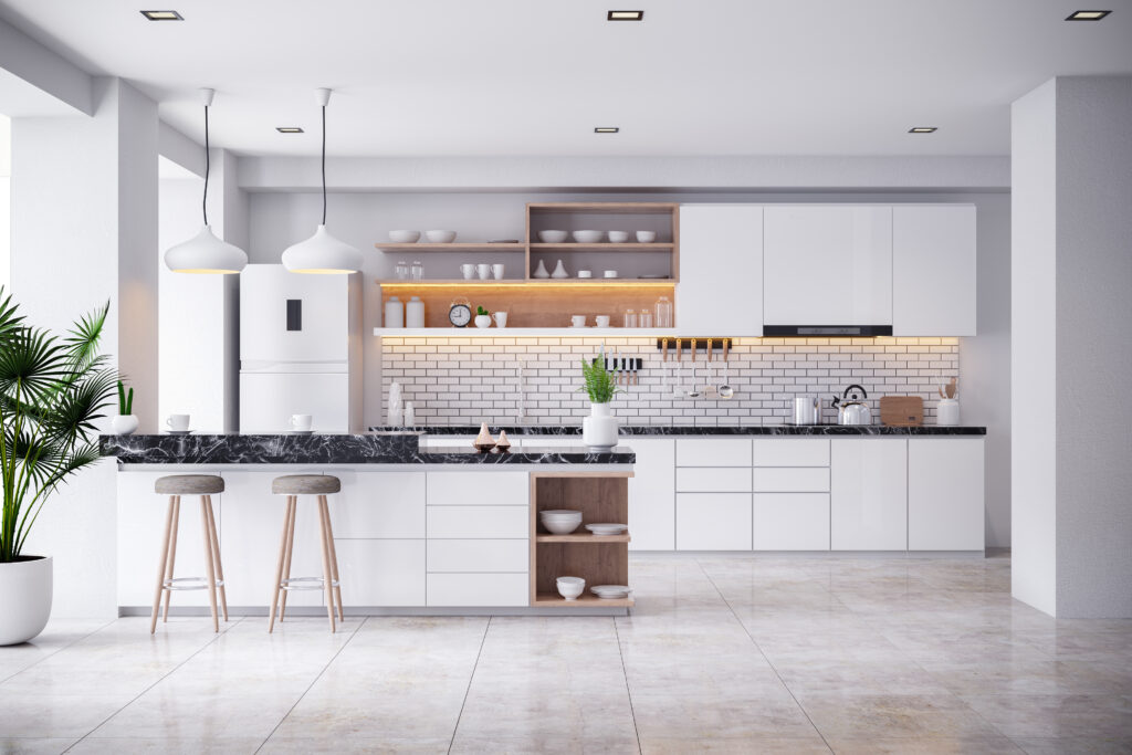 A Cozy Modern kitchen white room interior .3drender