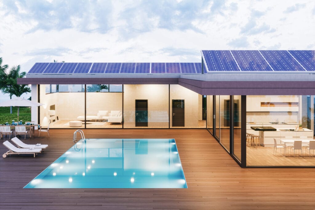 Solar panels on roof of a luxury house.