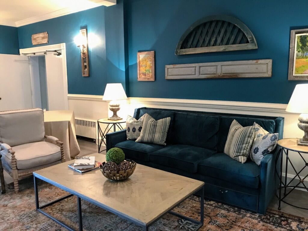 blue walled living room 