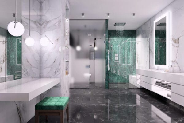 Luxury bathroom interior with glass door