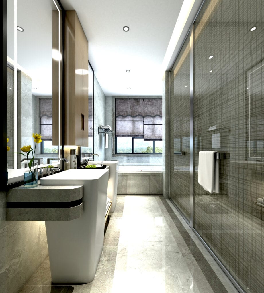 3d render. Luxury bathroom interior.