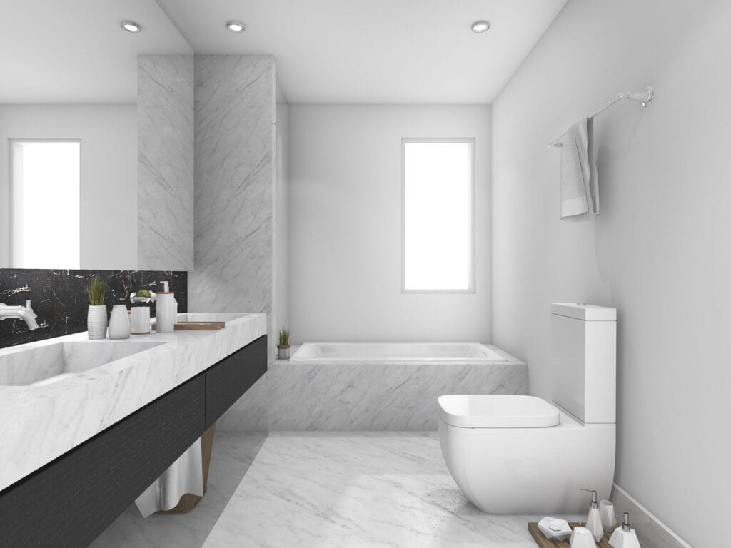3d rendering white and black marble toilet and bathroom